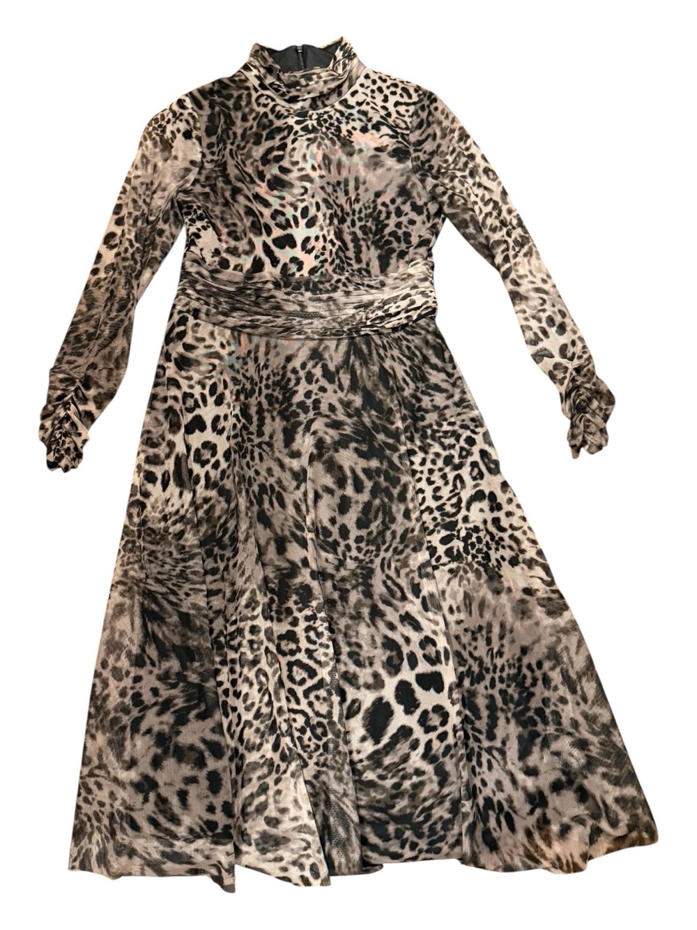 🐆 Eliza J Animal Print Midi Dress Size 8 Ruched Sleeve Mock Neck Fit & Flare - Picture 3 of 12
